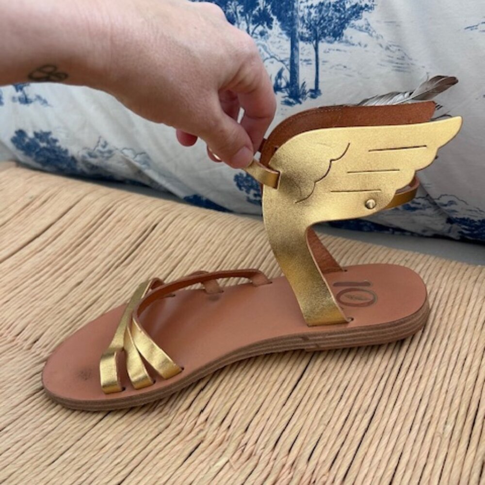 Victory of Samothrace feather-embellished metallic leather sandals